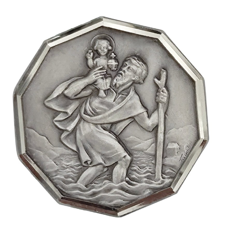 Aimant saint Christophe Ø 3 cm, médaille octogonale à bordure argentée, bénite, saint patron des voyageurs
