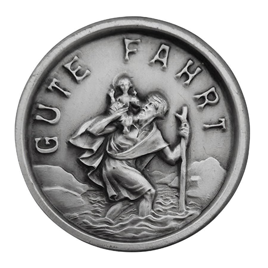 Médaille saint Christophe Ø 3,0 cm, aspect métal, gravure « Gute Fahrt », bénite