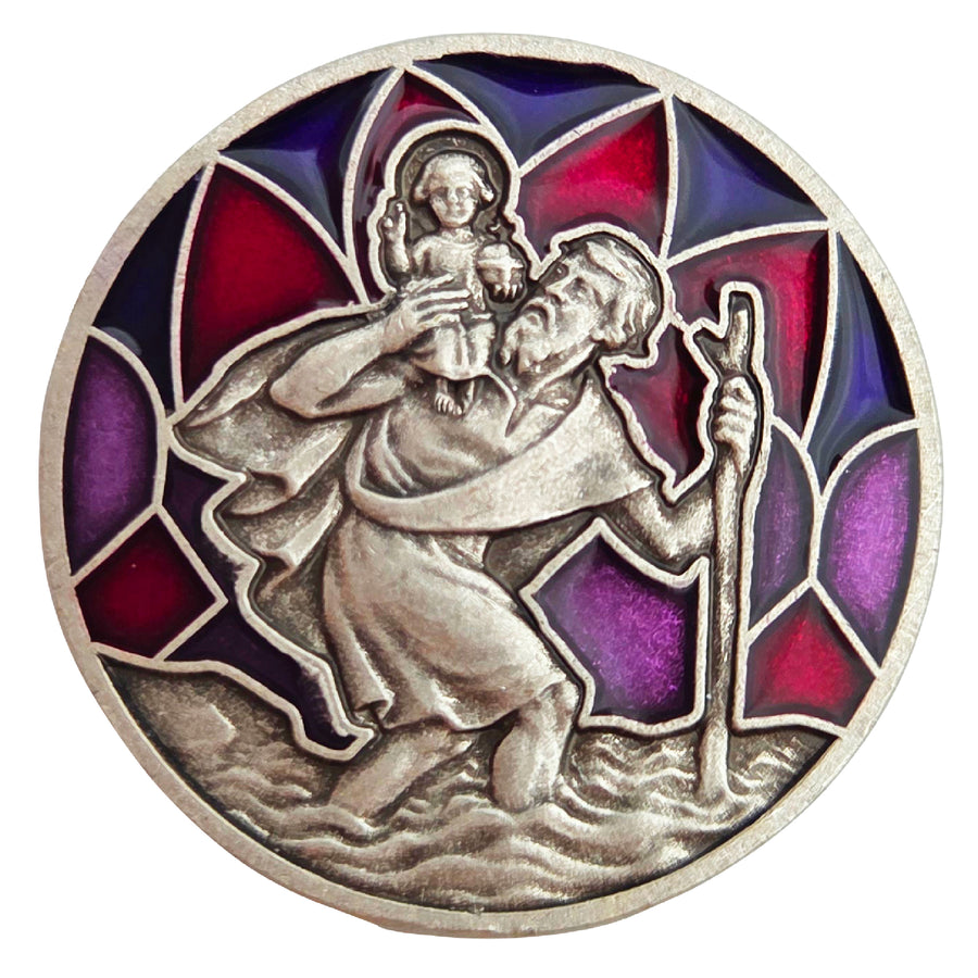 Médaille saint Christophe colorée Ø 3 cm, émail rouge et violet, pour voiture, bénite, symbole religieux