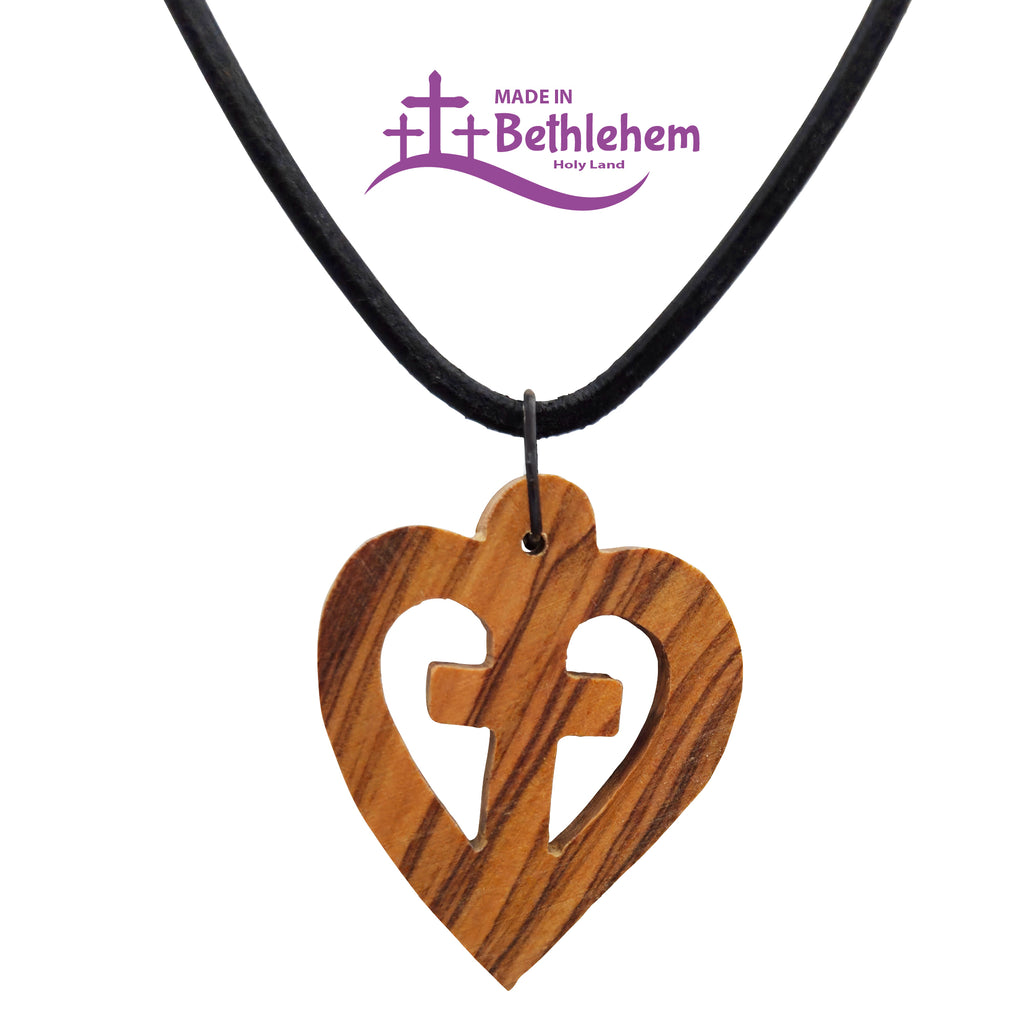 olivenholz halskette herz mit kreuz handarbeit bethlehem religiös