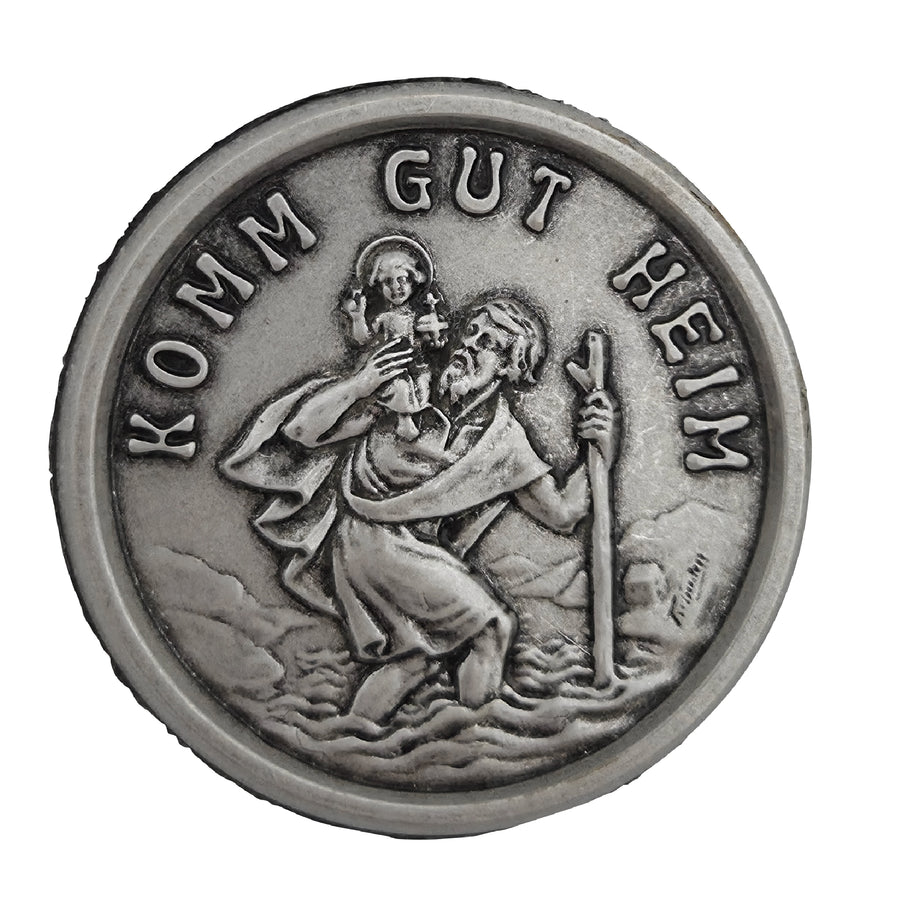 Aimant saint Christophe Ø 3 cm « Komm gut heim », médaille bénite, saint patron des voyageurs