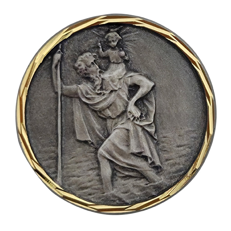 Médaille saint Christophe Ø 2,5 cm, aspect métal gris foncé, bordure dorée