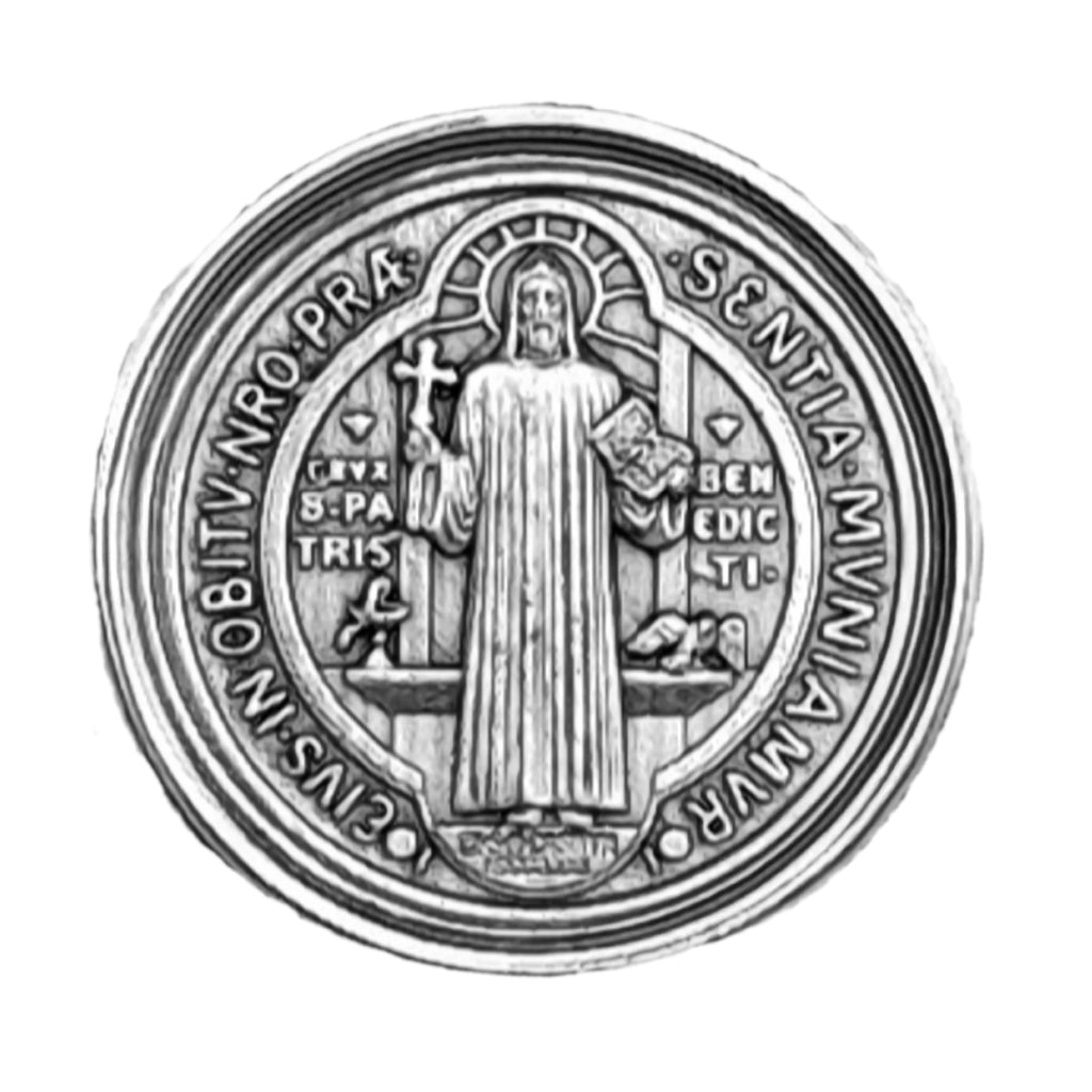 benediktus magnetplakette 3 cm silber gesegnet mit zertifikat und samtsäckchen für auto und reisen