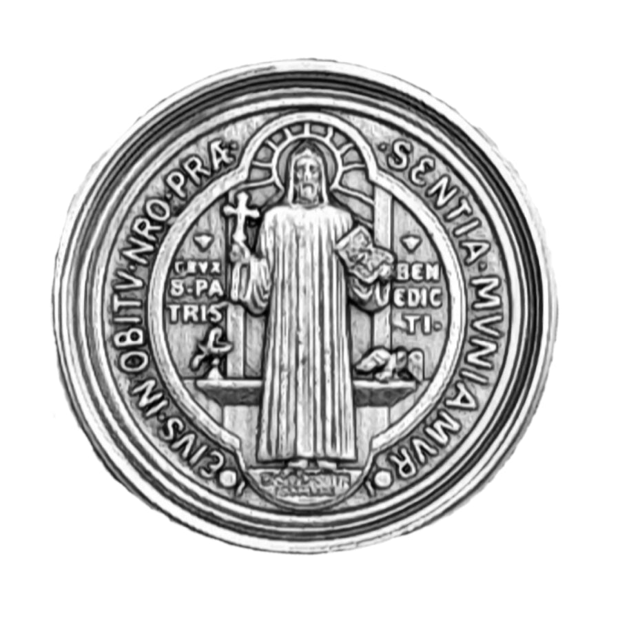 Plaque aimantée saint Benoît argentée 3 cm, bénite, avec certificat et pochette en velours, pour la voiture et les voyages