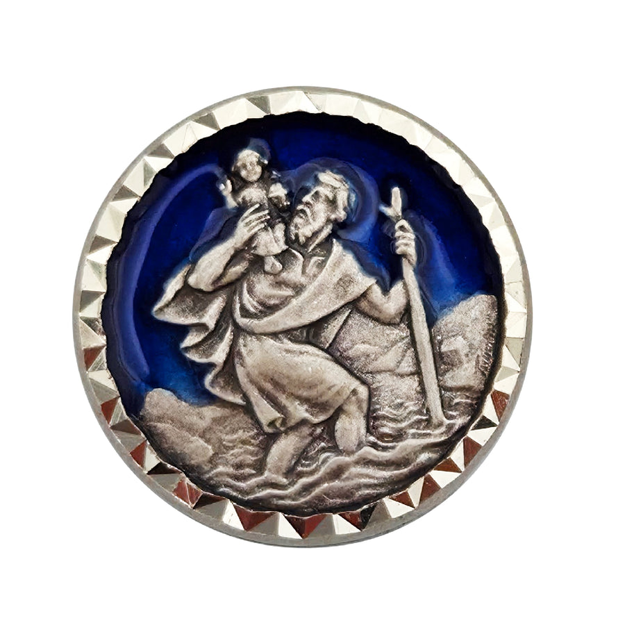 Aimant saint Christophe bleu Ø 2,3 cm, médaille bénite à bordure argentée, saint patron des voyageurs