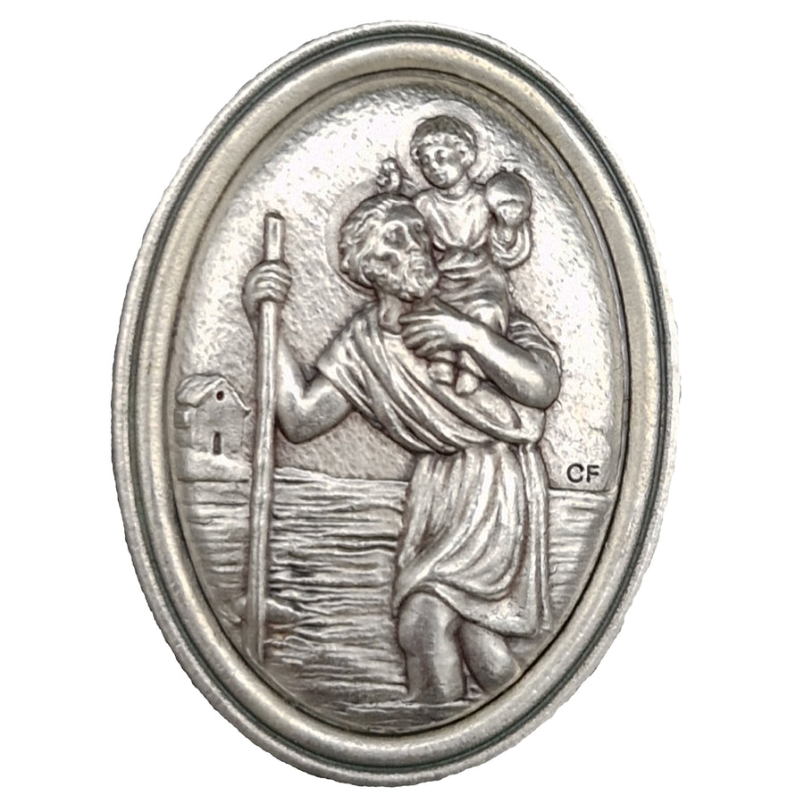 Médaille saint Christophe ovale argentée 4,8 × 2,8 cm pour voiture, bénite, pour conducteurs et voyageurs, symbole religieux