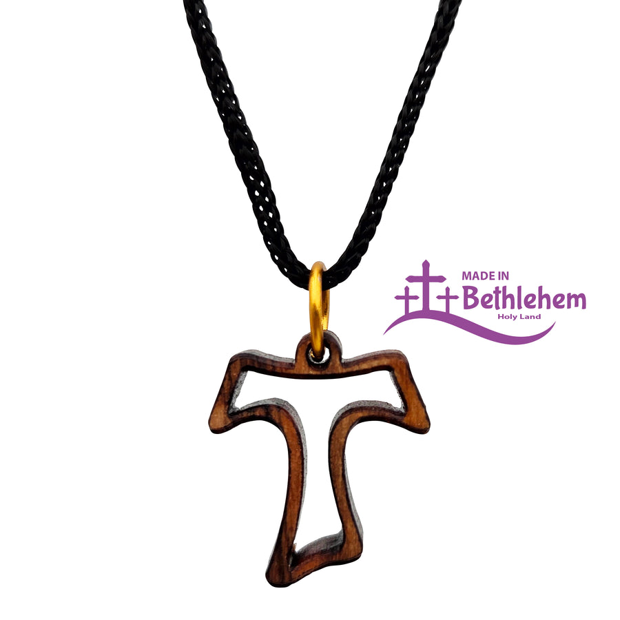 Collier en bois d'olivier avec croix Tau ouverte, fait main à Bethléem