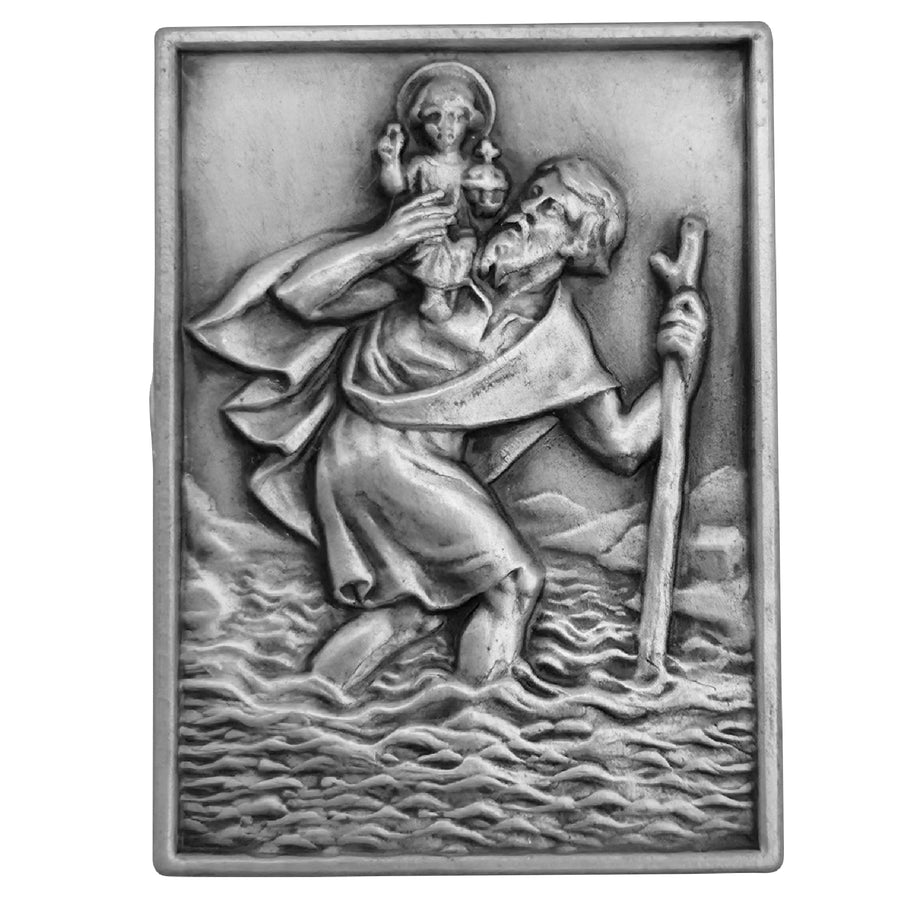 Médaille saint Christophe rectangulaire 3,5 × 2,5 cm, aspect argent, bénite, aimantée