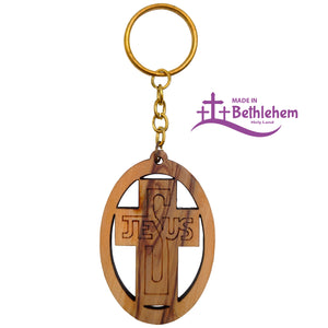 Jesus Kreuz Schlüsselanhänger Olivenholz 9 cm – gesegnet aus Bethlehem