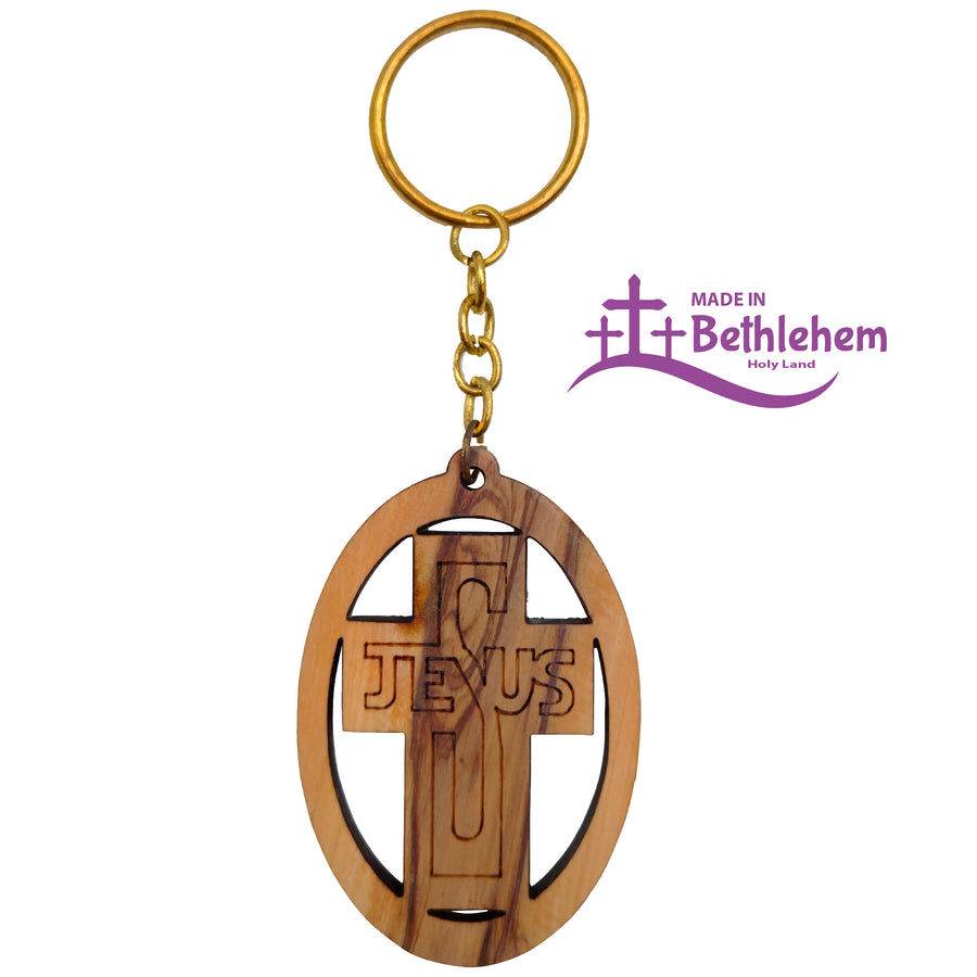 Porte-clés Jésus en bois d'olivier, fait main à Bethléem, cadeau religieux