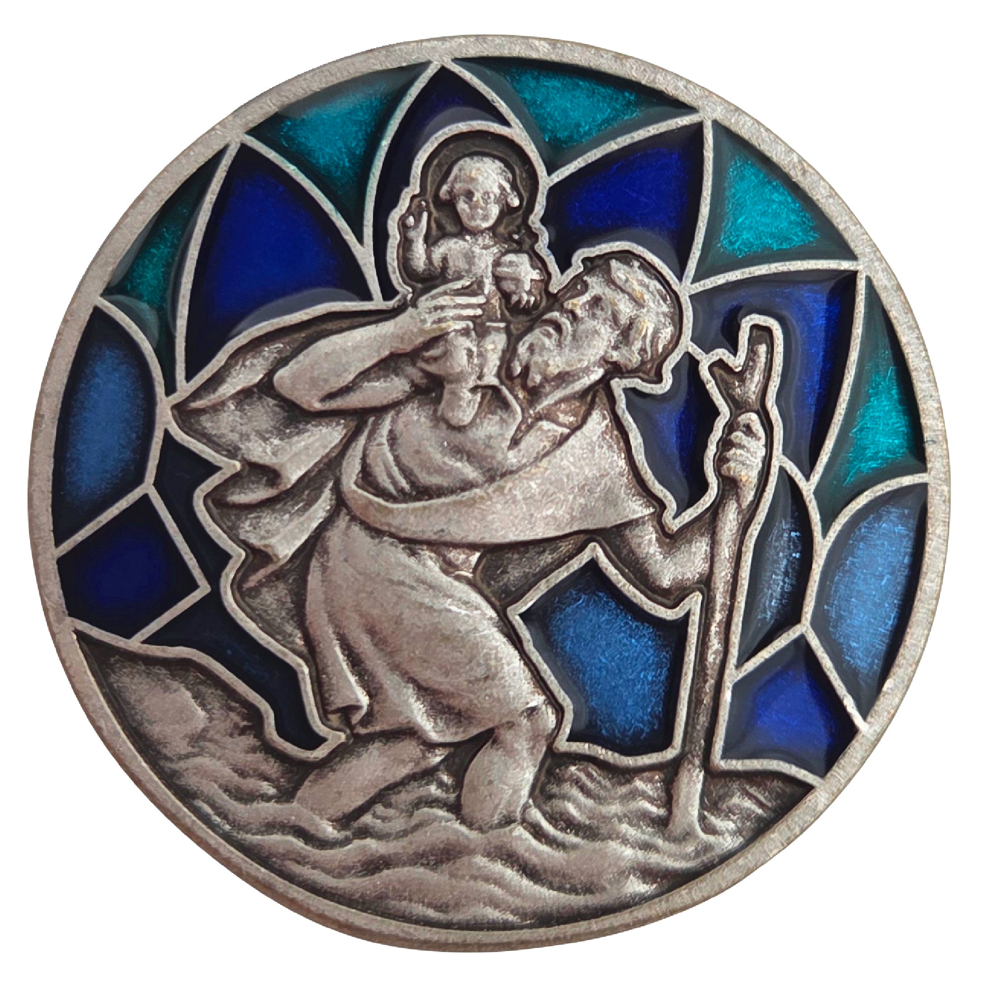 christophorus auto plakette Ø 3 cm farbig blau grün emaille gesegnete schutzmedaille fürs auto religiöses symbol