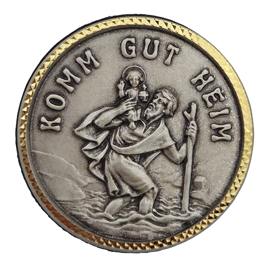christophorus plakette Ø 3,5 cm dunkelgrau mit goldrand gravur komm gut heim gesegnet