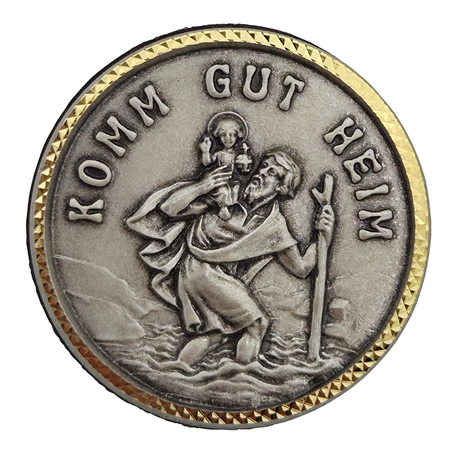 Médaille saint Christophe Ø 3,5 cm gris foncé à bordure dorée, gravure « Komm gut heim », bénite
