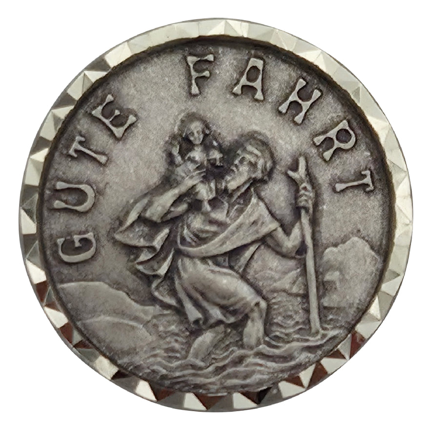 Aimant saint Christophe argenté Ø 3 cm, médaille bénite « Gute Fahrt », saint patron des voyageurs