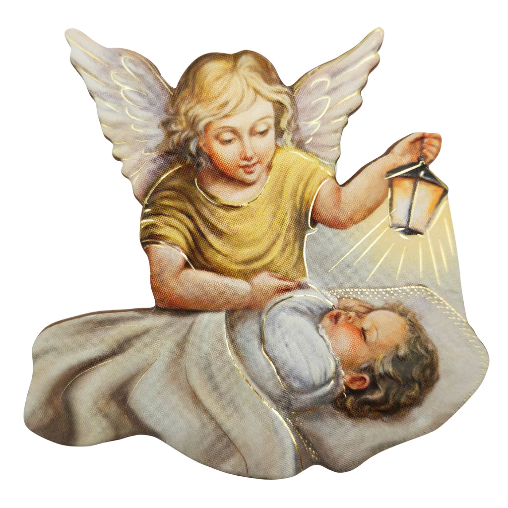 Schutzengel Magnet mit Laterne über Baby – gesegneter Kühlschrankmagnet 6,5 cm, Geschenk zur Taufe