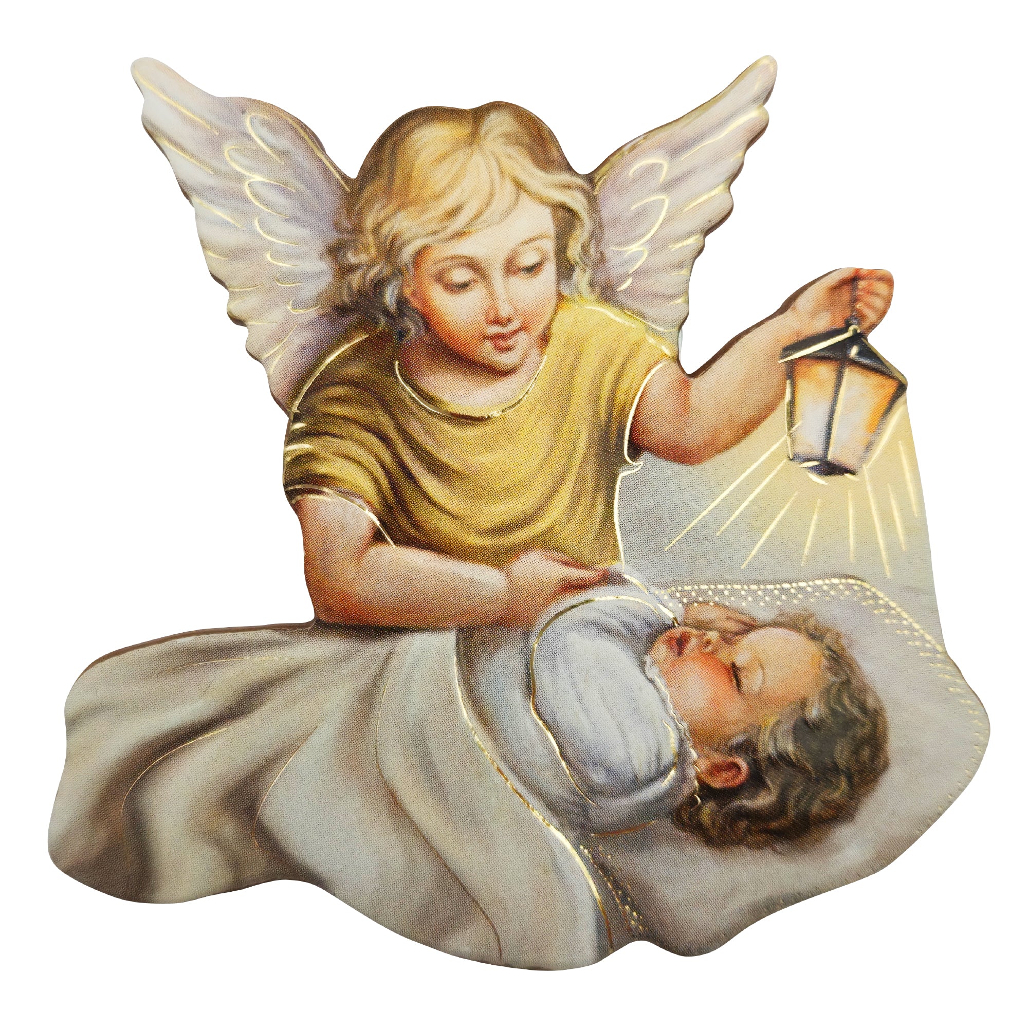 Schutzengel Magnet mit Laterne über Baby – gesegneter Kühlschrankmagnet 6,5 cm, Geschenk zur Taufe