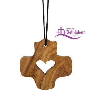 Olivenholz Halskette Kreuz mit Herz – 6,5cm – handgefertigt in Bethlehem