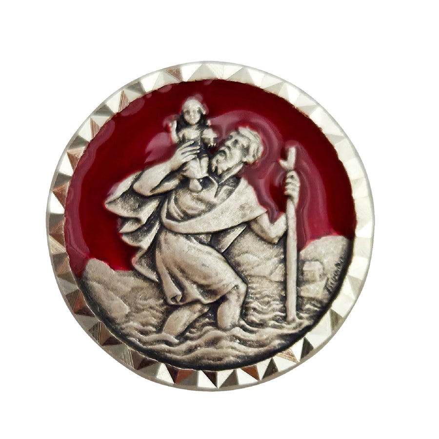 Aimant saint Christophe rouge Ø 2,3 cm, médaille bénite à bordure argentée, saint patron des voyageurs