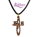olivenholz halskette kreuz mit jesus schriftzug handarbeit bethlehem