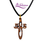olivenholz halskette kreuz mit jesus schriftzug handarbeit bethlehem