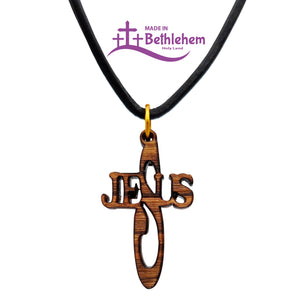 Olivenholz Halskette Kreuz mit Jesus-Schriftzug – handgefertigt in Bethlehem