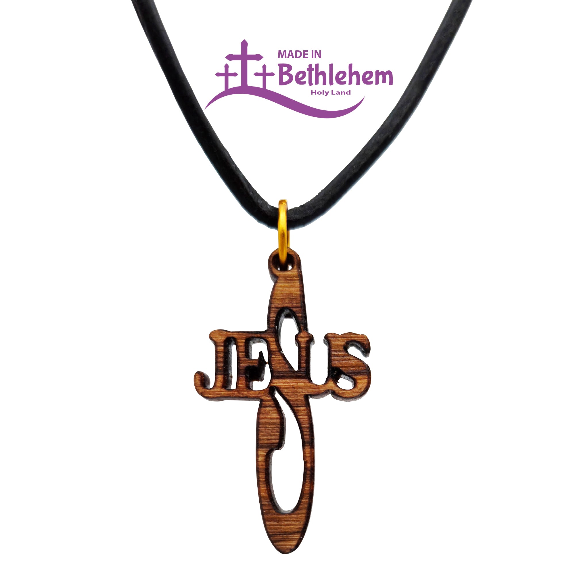 olivenholz halskette kreuz mit jesus schriftzug handarbeit bethlehem