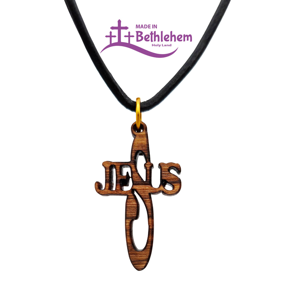 Collier en bois d'olivier avec croix et inscription « Jésus », fait main à Bethléem