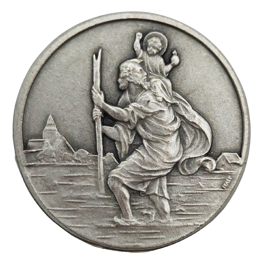 Médaille saint Christophe Ø 3,5 cm, aspect argent, bénite, aimantée, pour la voiture