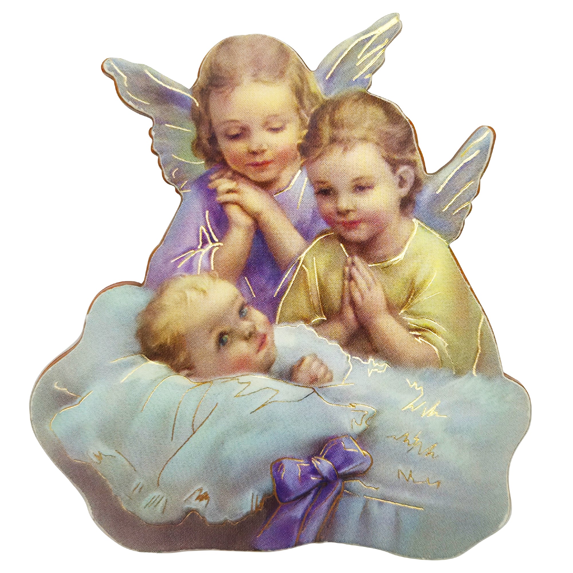 Zwei Engel mit Baby – gesegneter Kühlschrankmagnet 6 cm, Geschenk zur Taufe