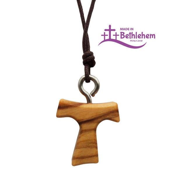 Collier en bois d'olivier croix Tau franciscaine – fait main à Bethléem