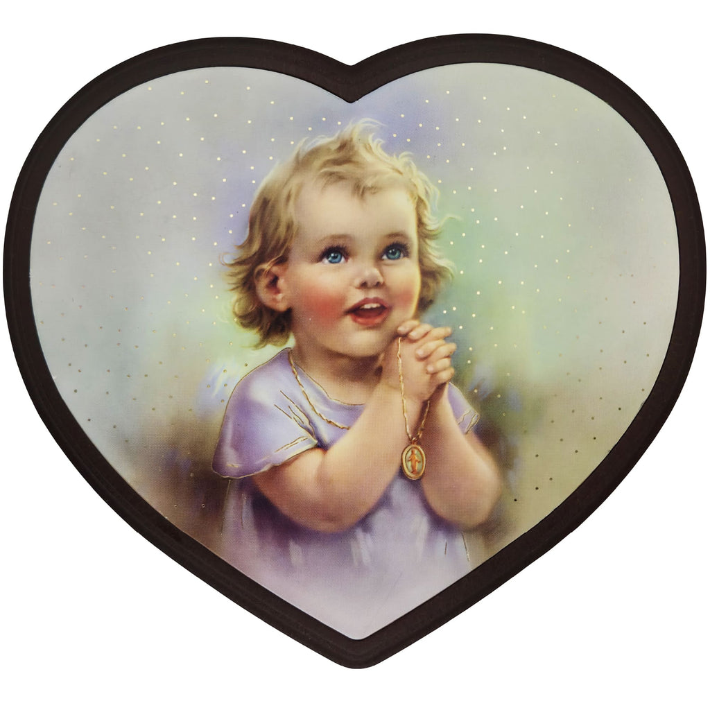 Schutzengelbild Herzform 14×15,5 cm – betendes Kind mit Rosenkranz - LUNEXUS
