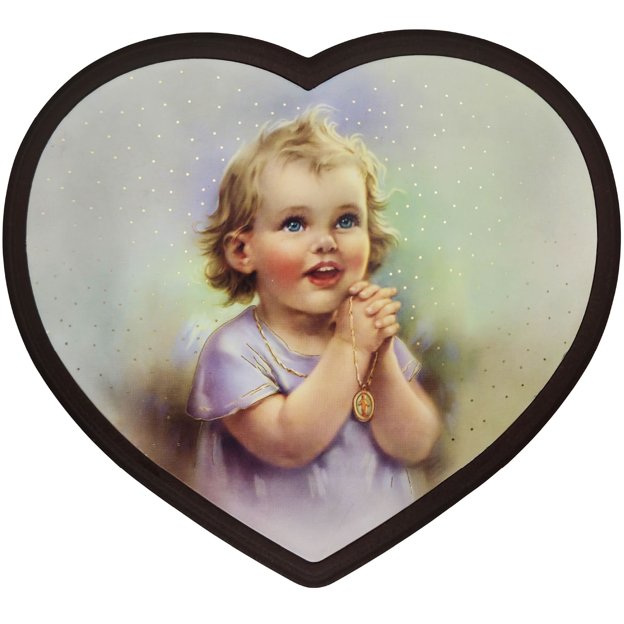 Schutzengelbild Herzform 14×15,5 cm – betendes Kind mit Rosenkranz - LUNEXUS