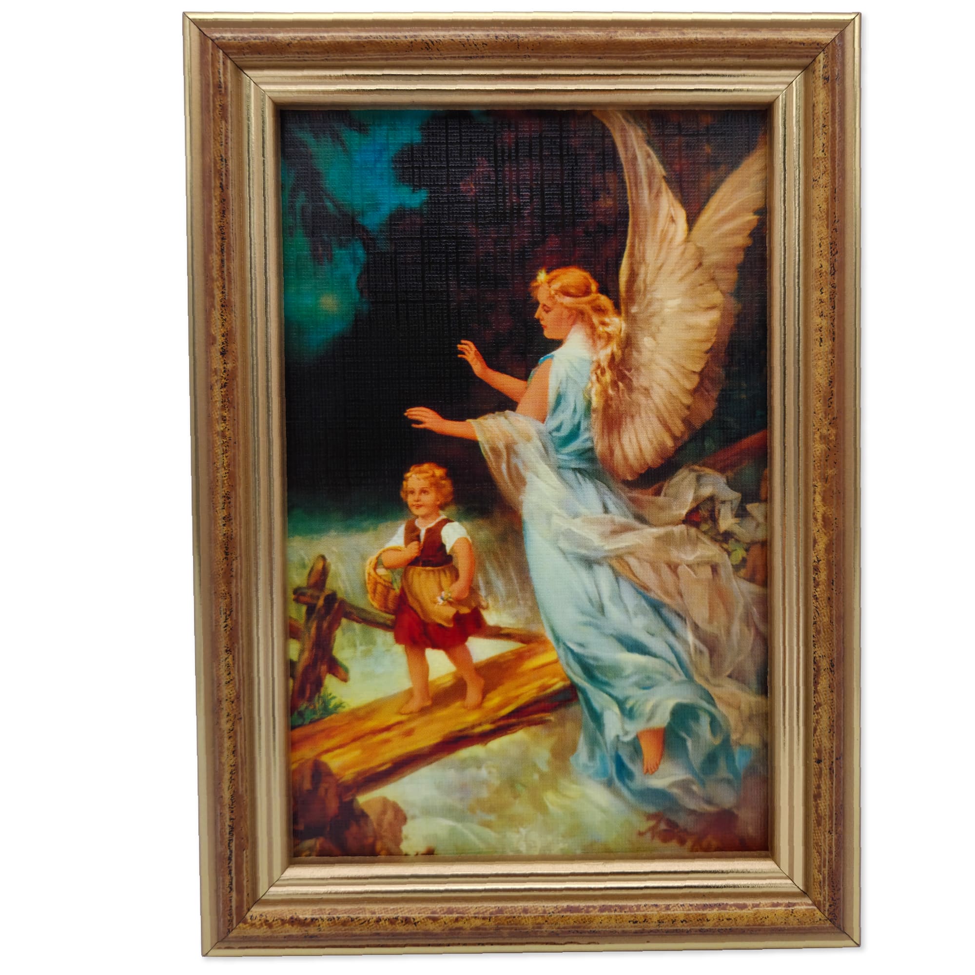 Schutzengelbild 12×17 cm – Motiv „Engel führt Kind über Brücke“ - LUNEXUS