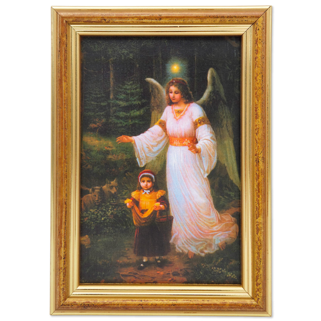 Schutzengelbild 12×17 cm – Motiv „Engel begleitet Kind durch dunklen Wald“ - LUNEXUS