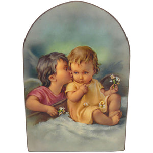 Schutzengelbild 13,5×8,5 cm – Engelkinder mit Gänseblümchen