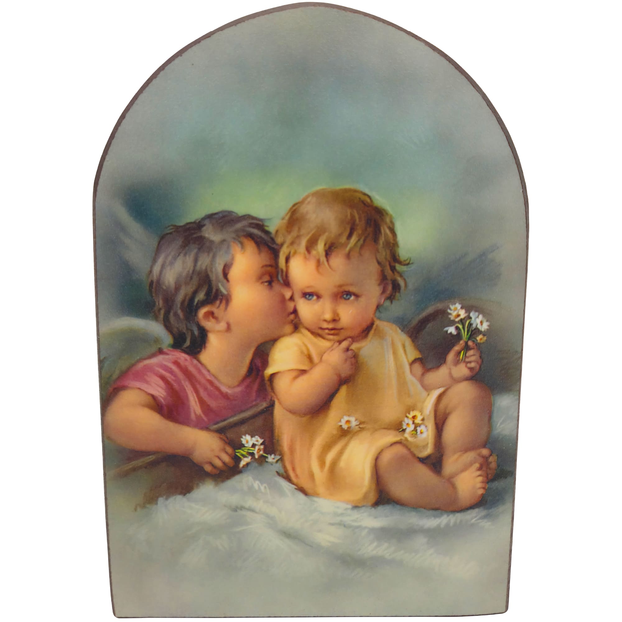 Schutzengelbild 13,5×8,5 cm – Engelkinder mit Gänseblümchen - LUNEXUS