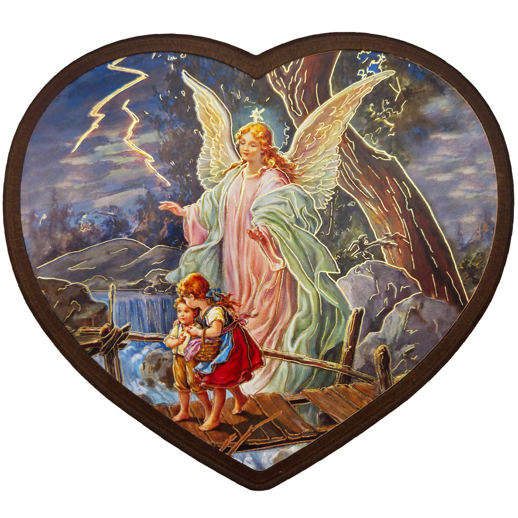 Schutzengelbild Herzform 14×15,5 cm – Engel führt Kinder über Brücke - LUNEXUS