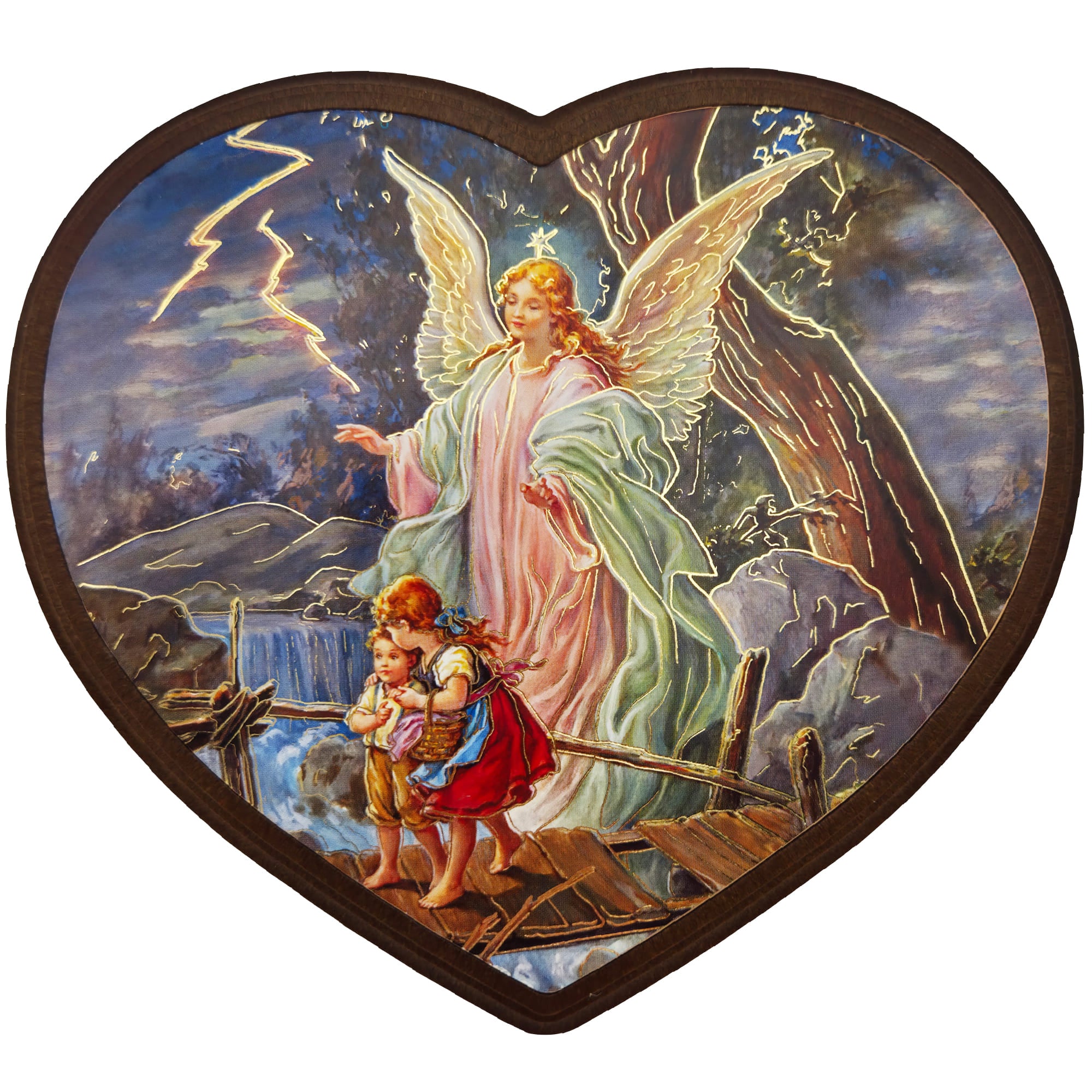 Schutzengelbild Herzform 14×15,5 cm – Engel führt Kinder über Brücke - LUNEXUS