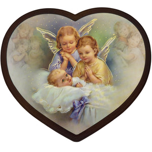 Schutzengelbild Herzform 14×15,5 cm – Zwei Engel über schlafendem Baby
