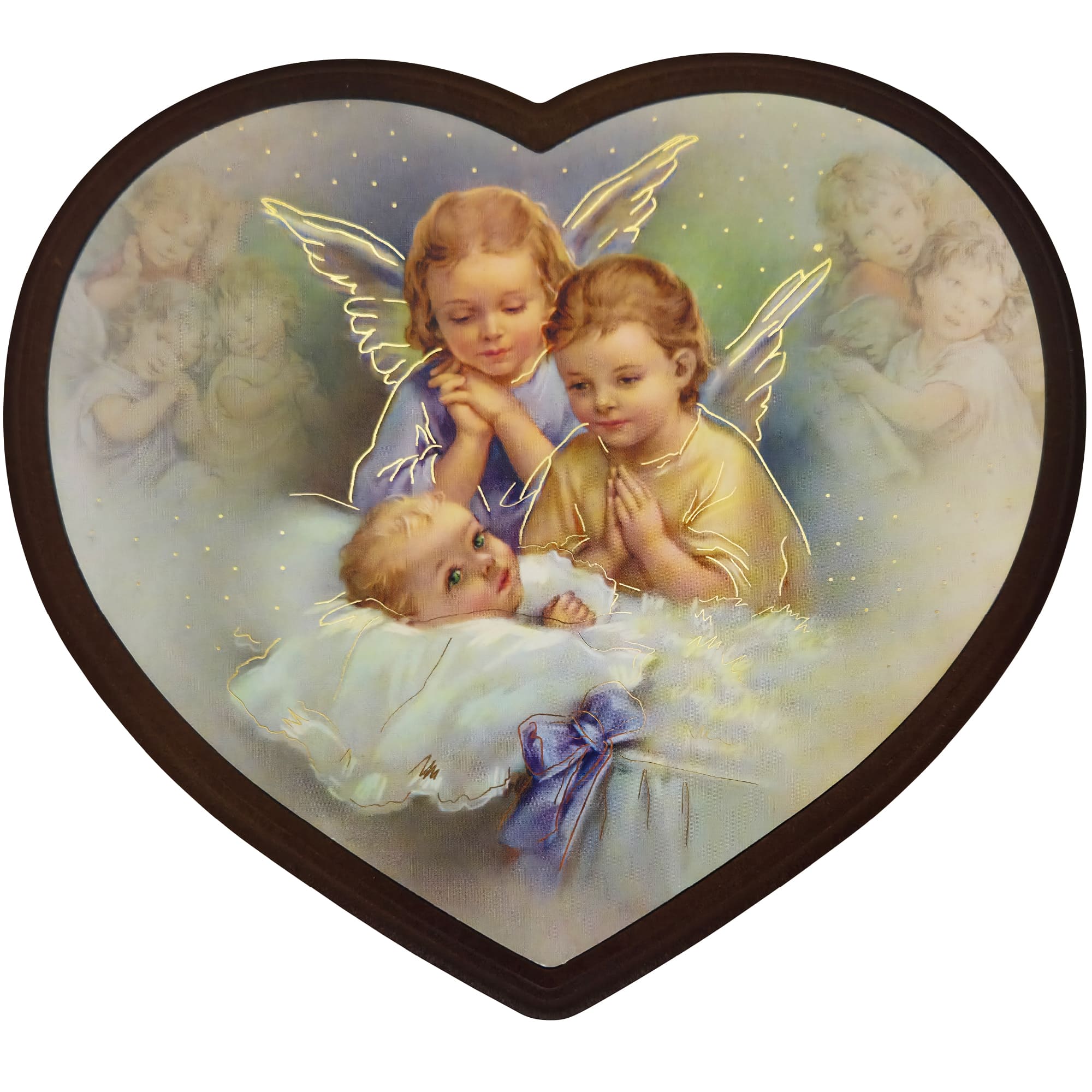 Schutzengelbild Herzform 14×15,5 cm – Zwei Engel über schlafendem Baby - LUNEXUS