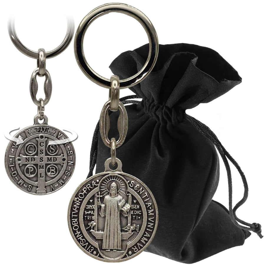 Porte-clés saint Benoît argenté, frappé des deux côtés - LUNEXUS