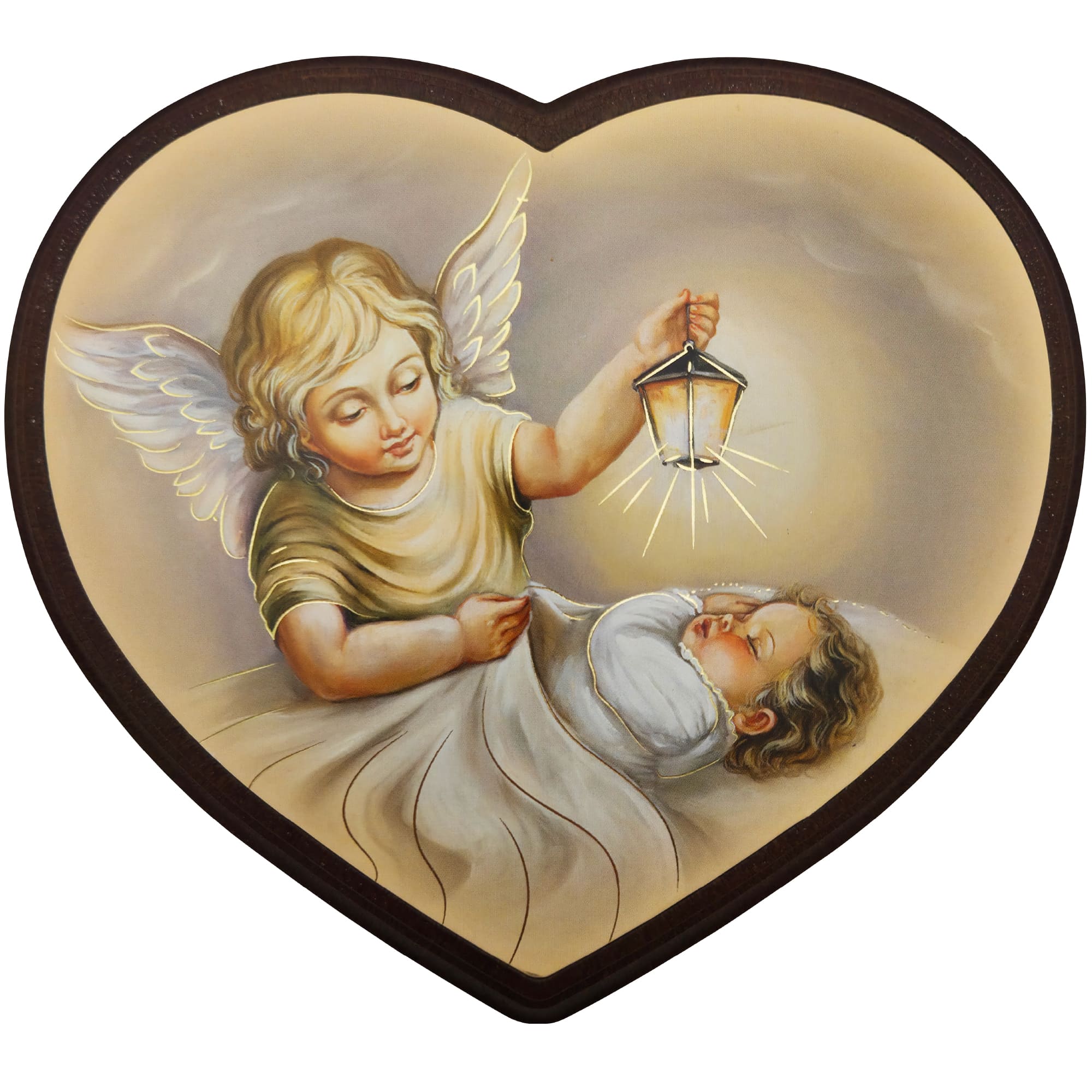 Schutzengelbild Herzform 14x15,5 cm – Engel mit Laterne über schlafendem Kind - LUNEXUS