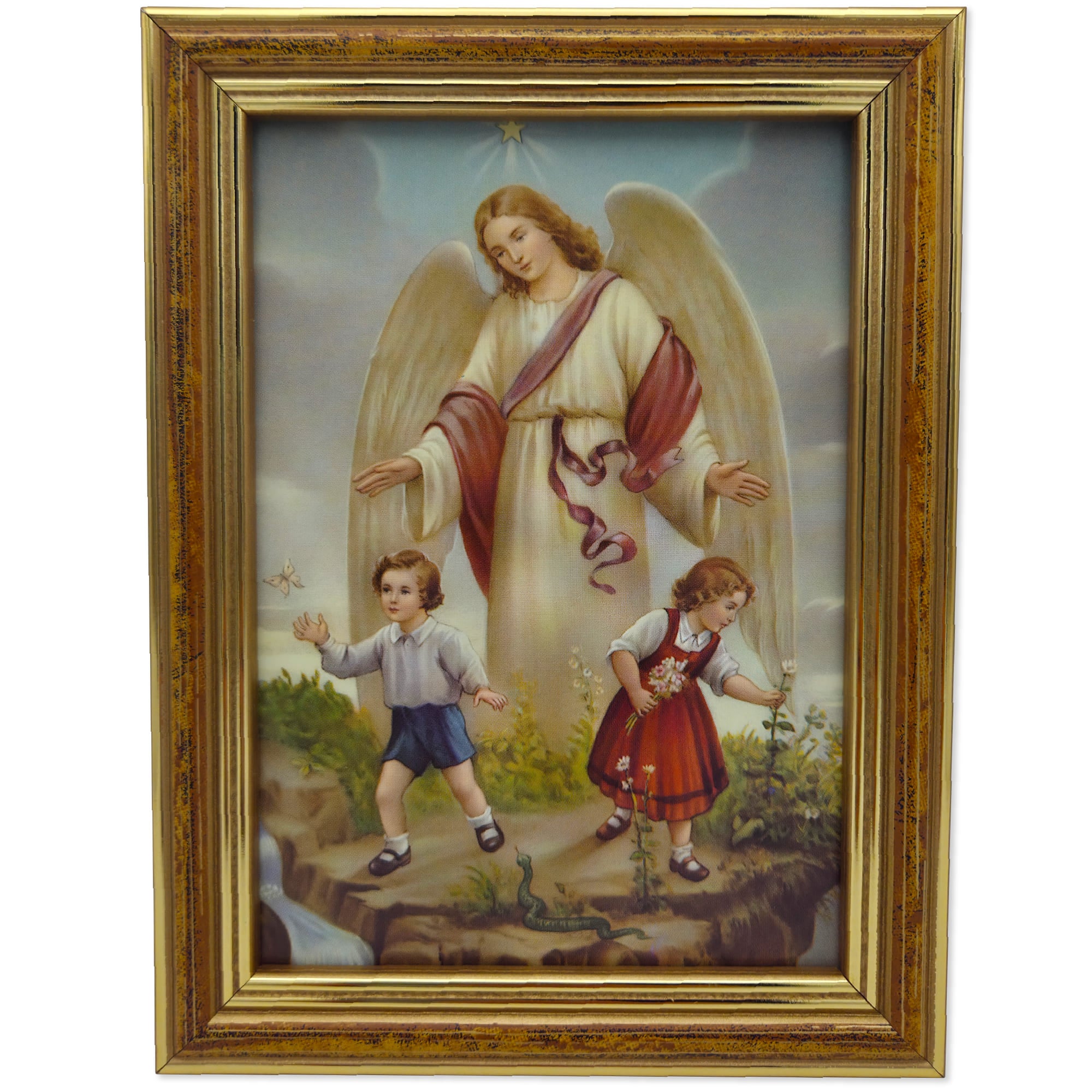 Schutzengelbild 12×17 cm – Motiv „Engel schützt Kinder vor Schlange“ - LUNEXUS