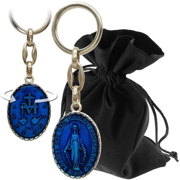 Porte-clés Médaille miraculeuse Vierge Marie bleu 9 cm – bénit