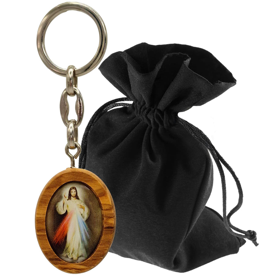 Porte-clés Jésus miséricordieux, bois d'olivier - LUNEXUS