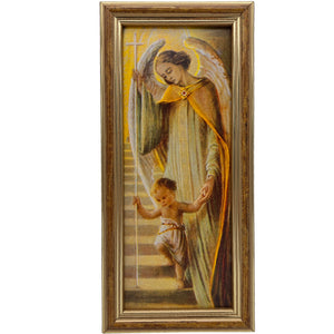 Schutzengelbild 25×12 cm – Engel führt Kind die Treppe hinauf