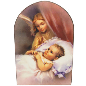 Schutzengelbild 13,5×8,5 cm – Engel wacht über schlafendes Baby