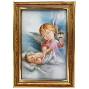 Schutzengelbild 12×17 cm – Motiv „Engel mit Laterne schützt schlafendes Baby“