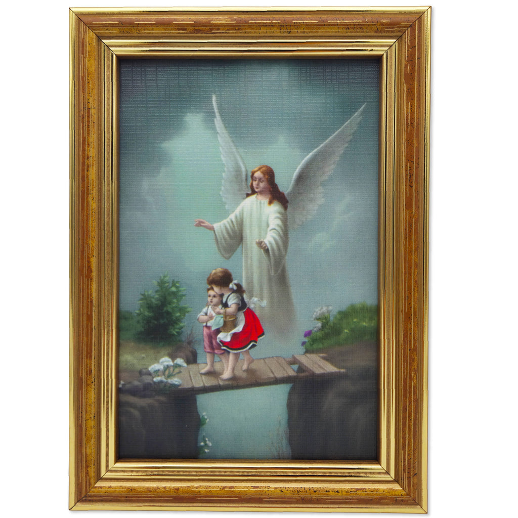 Schutzengelbild 12×17 cm – Motiv „Engel behütet zwei Mädchen auf Brücke“ - LUNEXUS