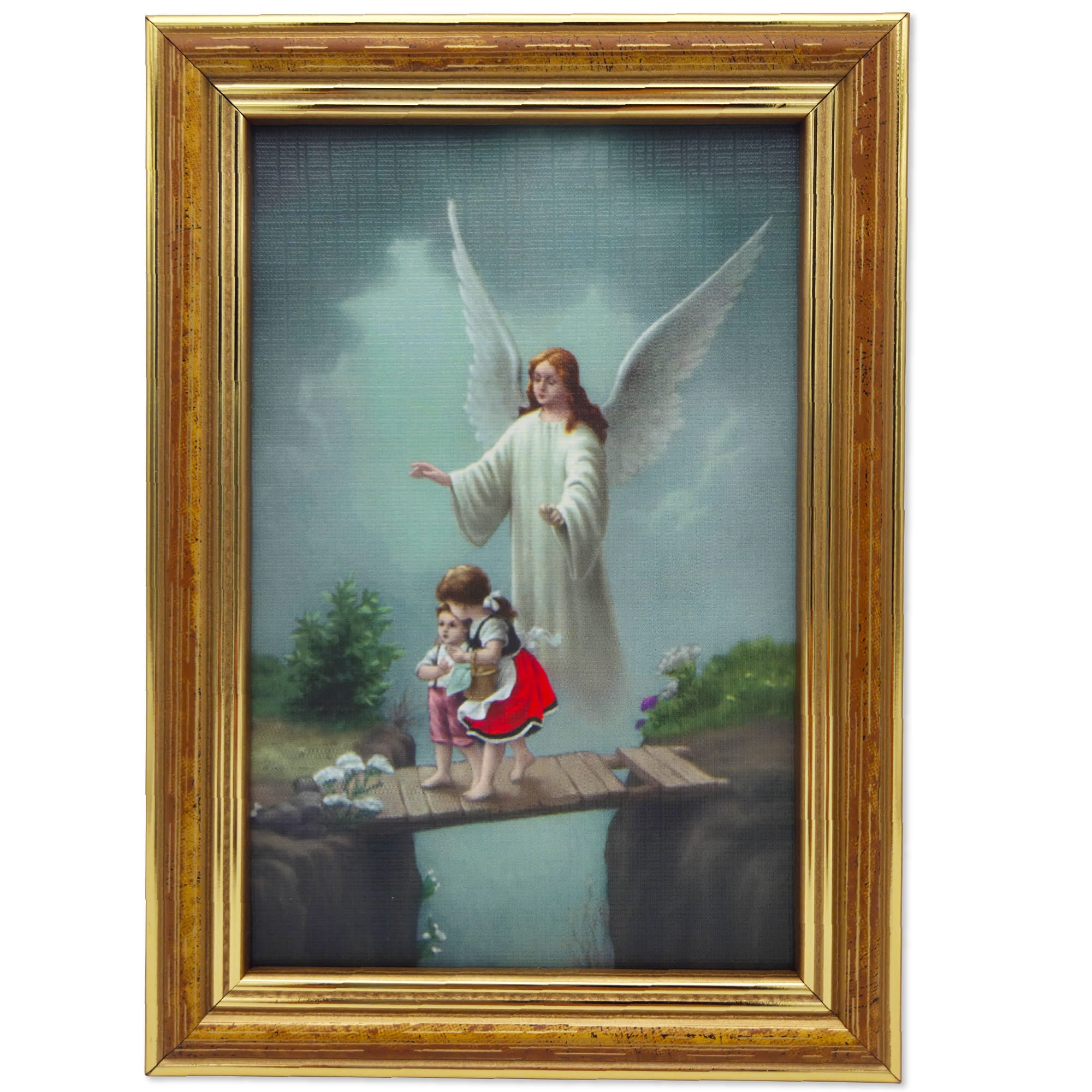 Schutzengelbild 12×17 cm – Motiv „Engel behütet zwei Mädchen auf Brücke“ - LUNEXUS